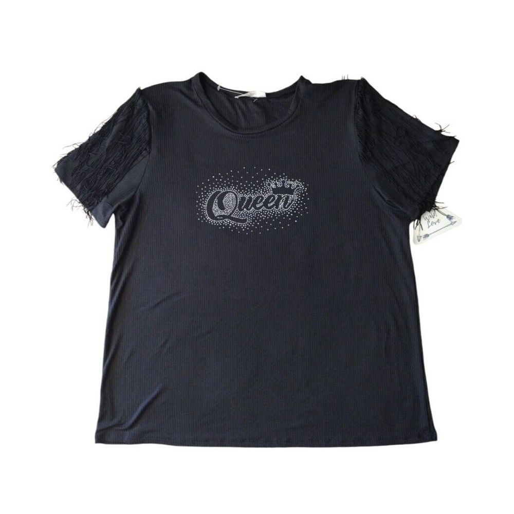 Wild Love Women's 2X Short Sleeve Black Rhinestone Queen Studed Ribbed Top